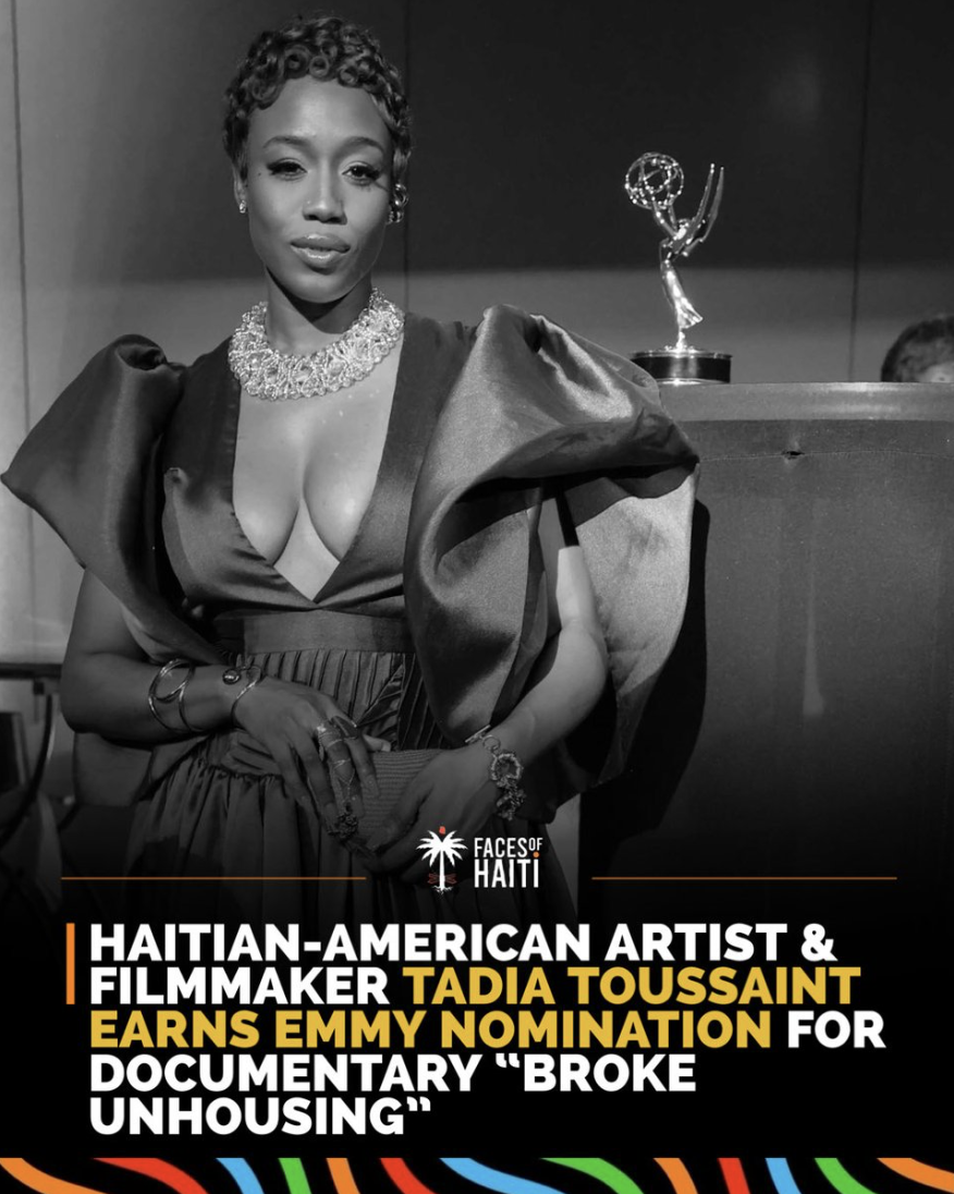 TADIA Toussaint beside an Emmy nomination announcement for the documentary Broke Unhousing
